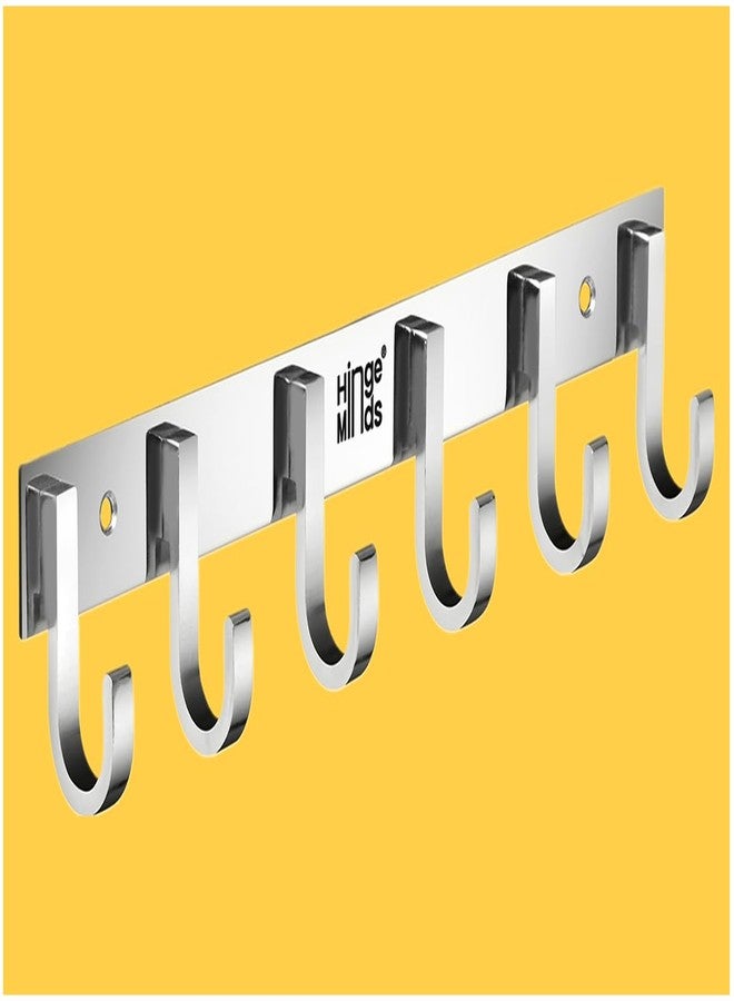 HingeMinds Stainless Steel Cloth Hanger for Wall, Clothes Hook Hangers Door Mounted, Bathroom Hooks for Hanging Towel, Wall Mount Shirt Hangers, Dress Holder Hooks - 6 Pin-XL, Pack of 1, Silver - Image 1